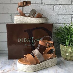 Leather Espadrille Wedge Sandal Gold Lug Brown Diba True Day Line New